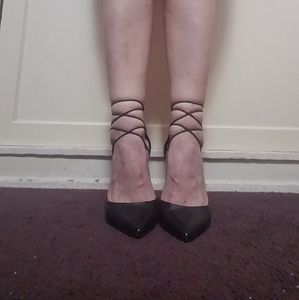 Black Faux-leather, Lace-up Heels by Lust 4 Life